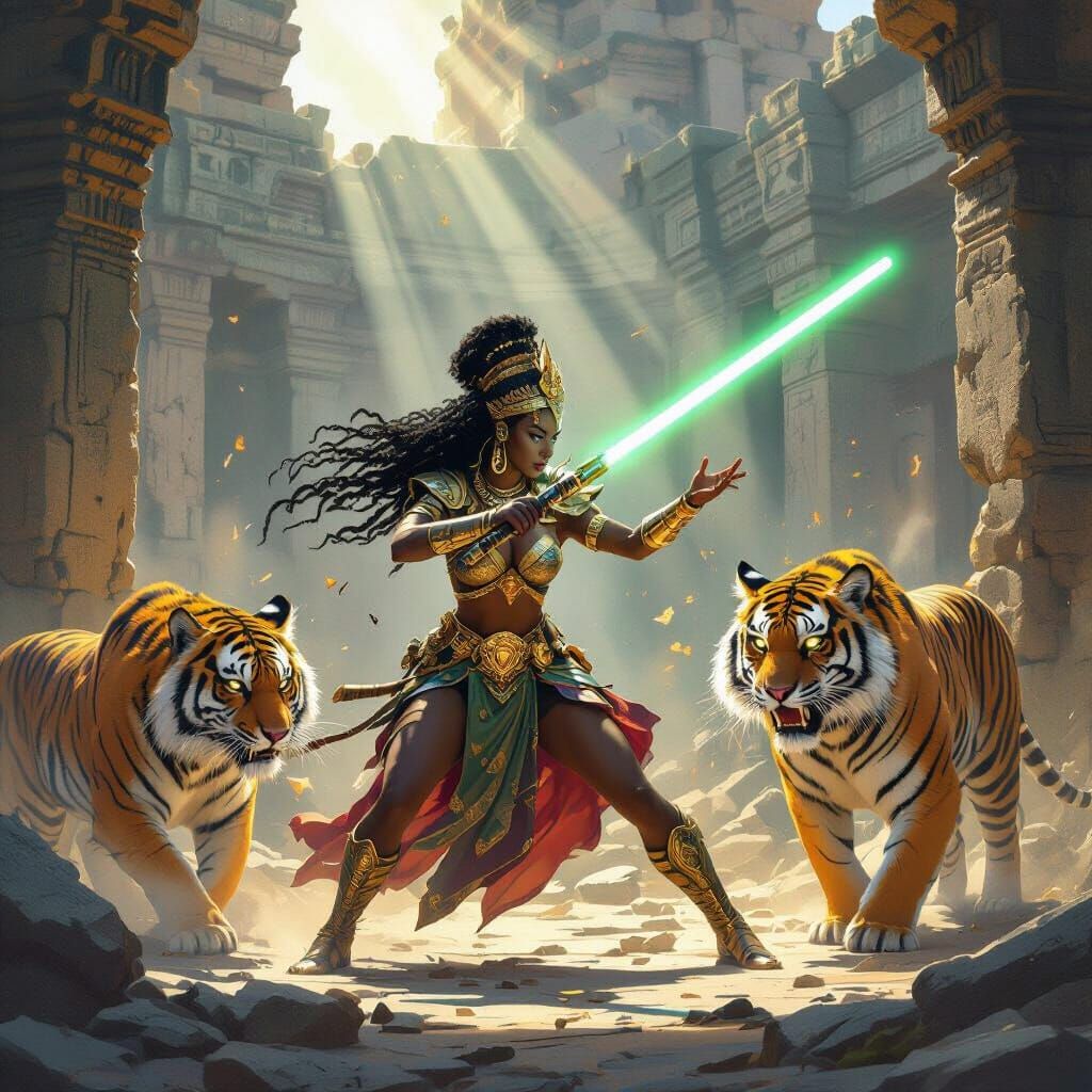 African Queen Battles With Lightsaber Alongside Tiger Guards
