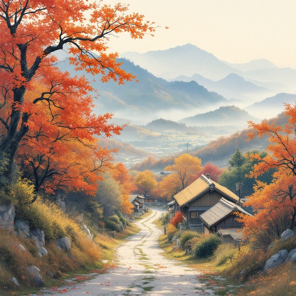 Autumn Dirt Road in Rural Japan Watercolor