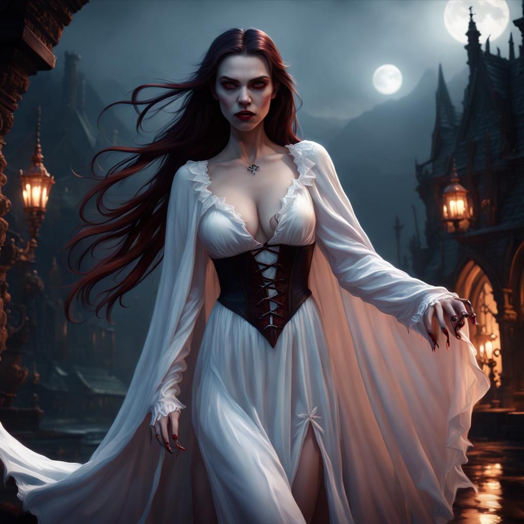 Vampire girl Long hair baring fangs open white nightdress