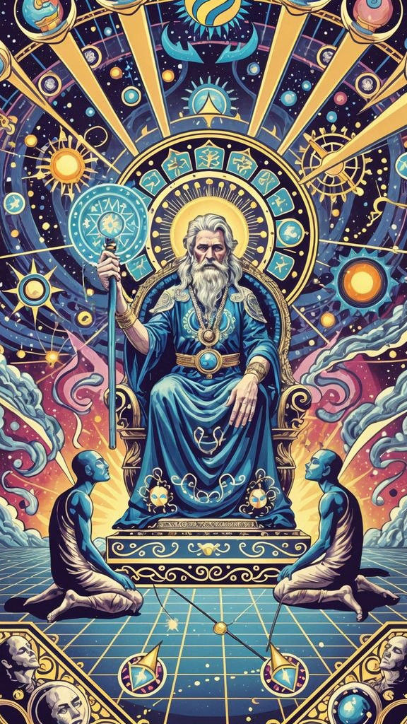 Cosmic Sage in Glowing Throne, Holding Radiant Staff