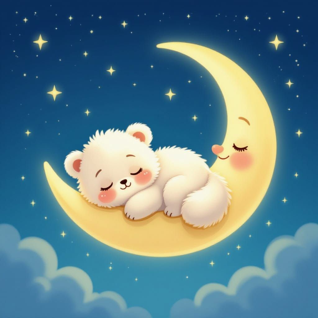 Fluffy Star Sleeping on Glowing Crescent Moon