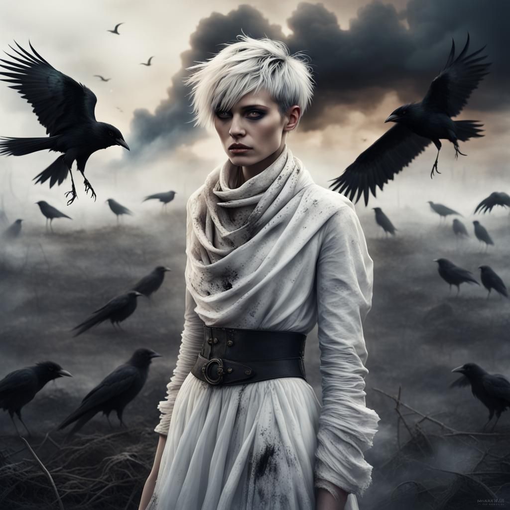 Punk Woman with Crows in Smoky Field: Digital Matte Painting