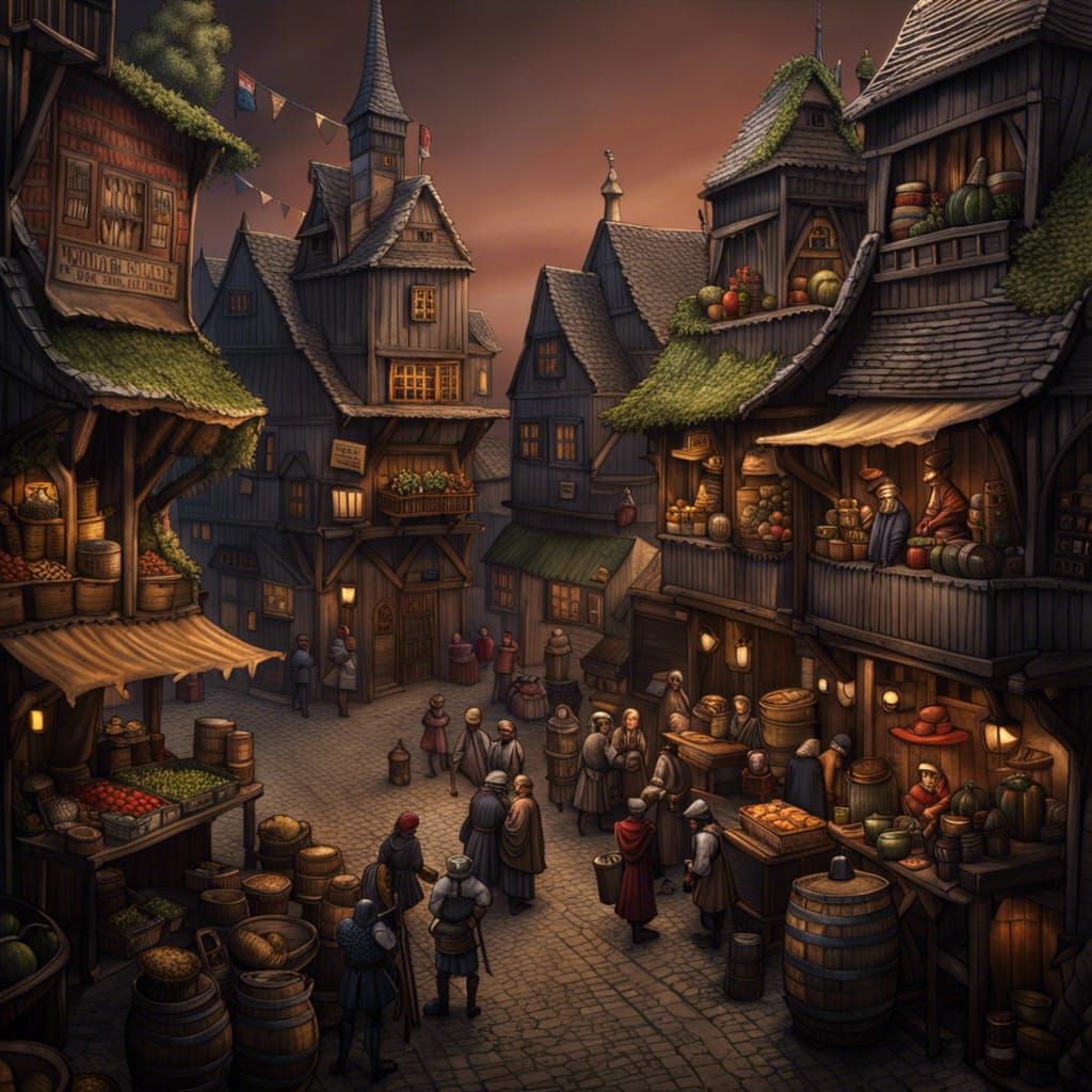 Lively Medieval Market Scene in Hyperdetailed Style