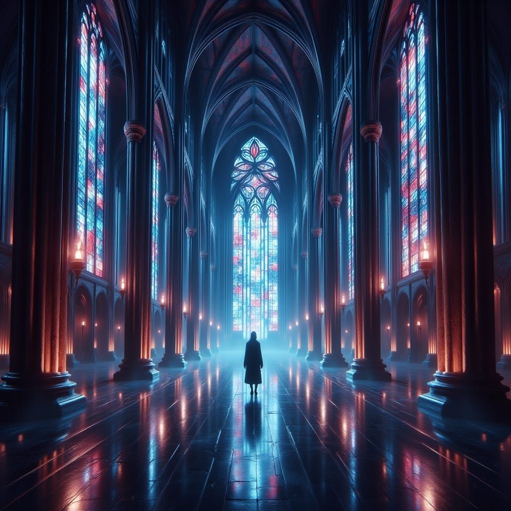 Figure Enters Biomechanical Gothic Cathedral with Cosmic Sta...