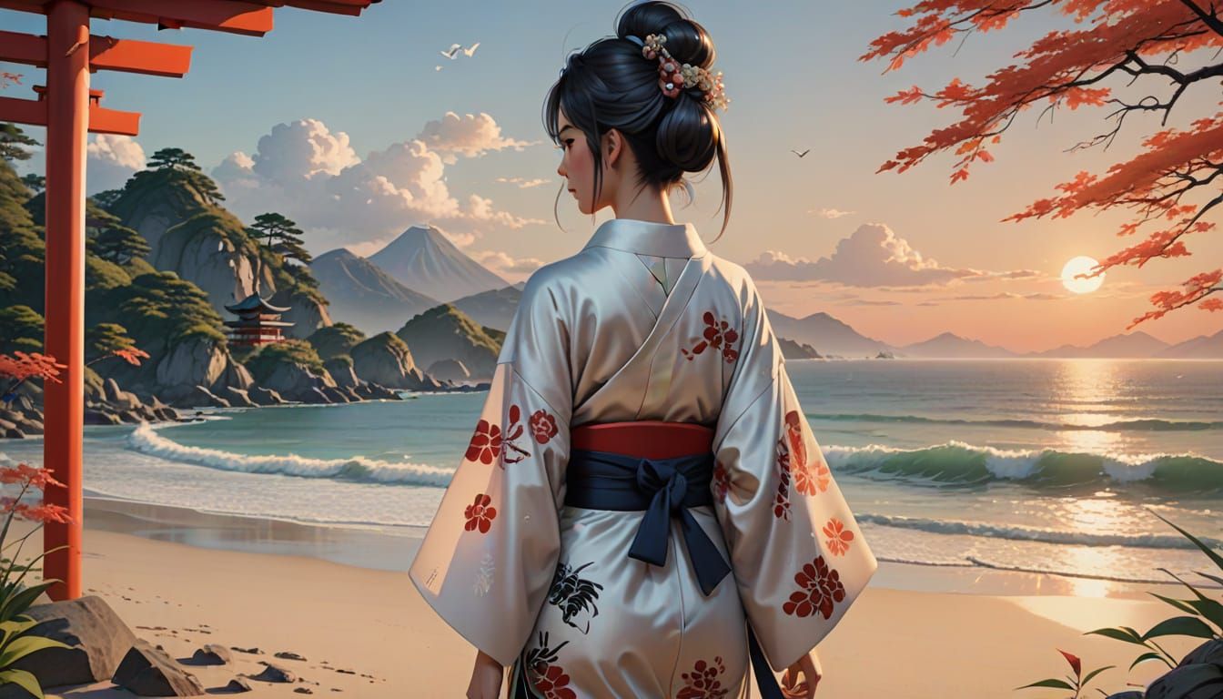 Japanese Woman in Kimono on Beach at Dusk