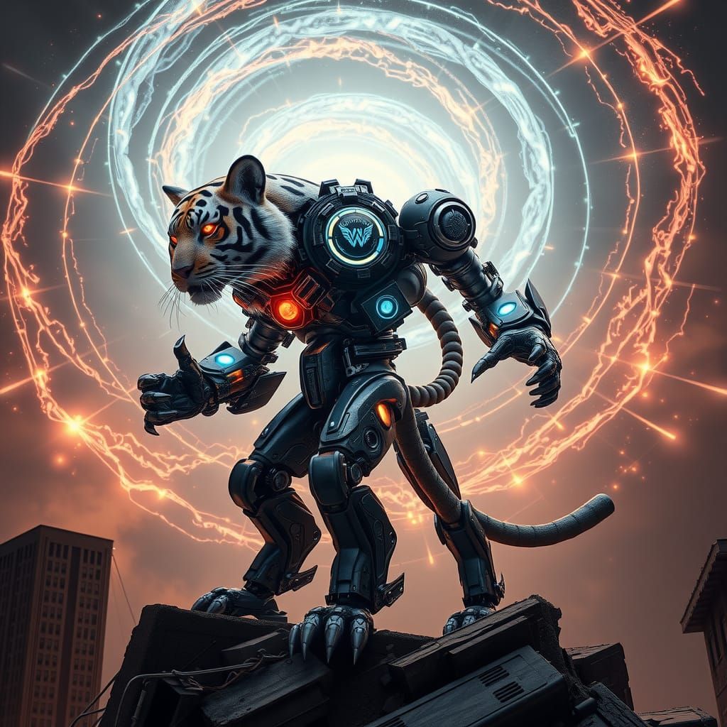 Heroic Cybernetic Tiger in Ruined Cityscape