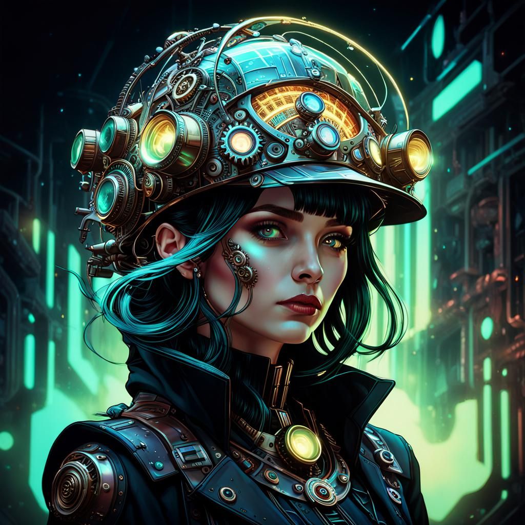 beautiful dieselpunk woman wearing a large complex steampunk cyberpunk cassette futurism hat prehistoricore retrofuturis...