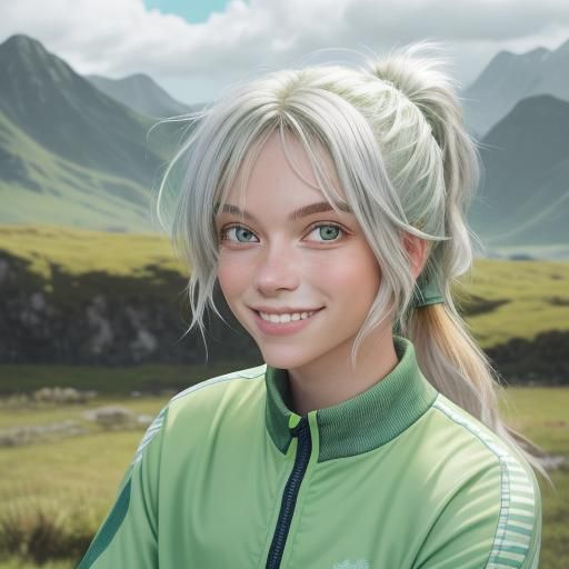 Blonde in Tracksuit with Scenic Landscape