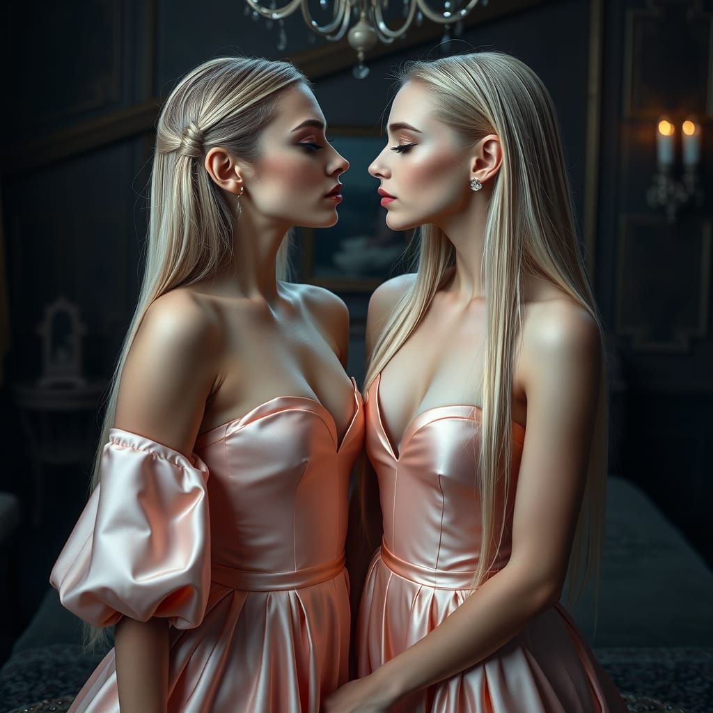 Glamour Models Kissing in Victorian Gowns