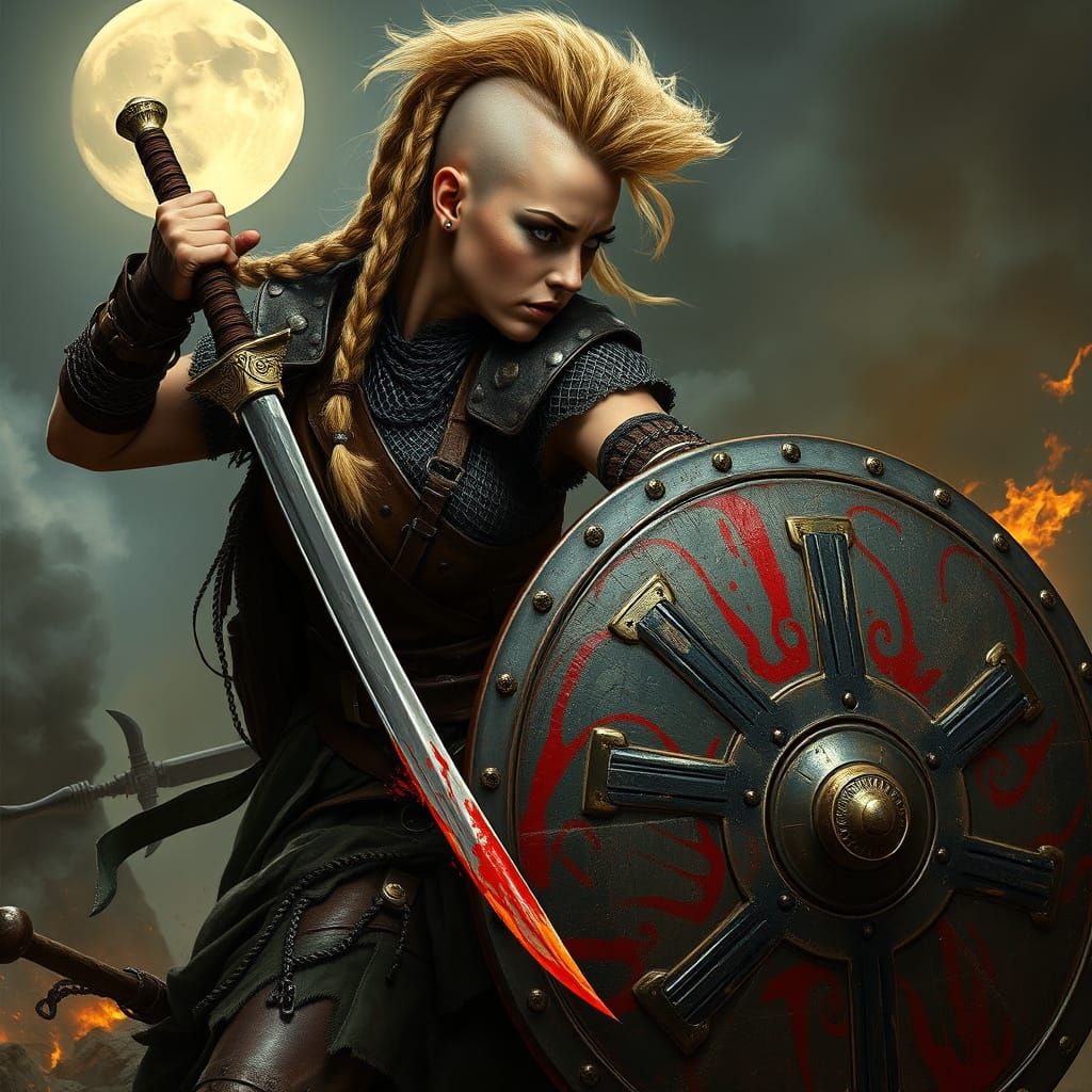 Fierce Barbarian Woman Warrior in Combat Under Moon
