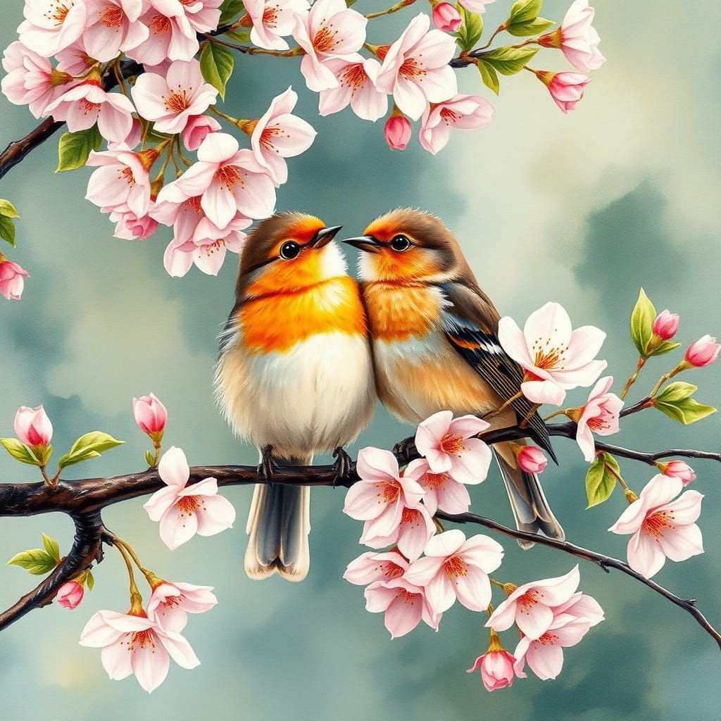 Birds on Cherry Blossom Branch in Gouache Style