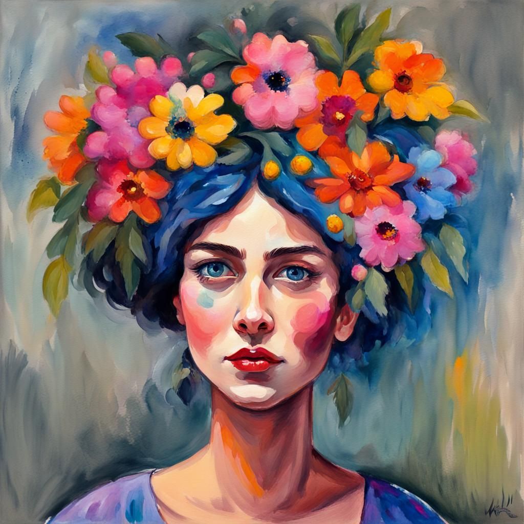 Woman with Flowers: Naive Art in Gouache Style