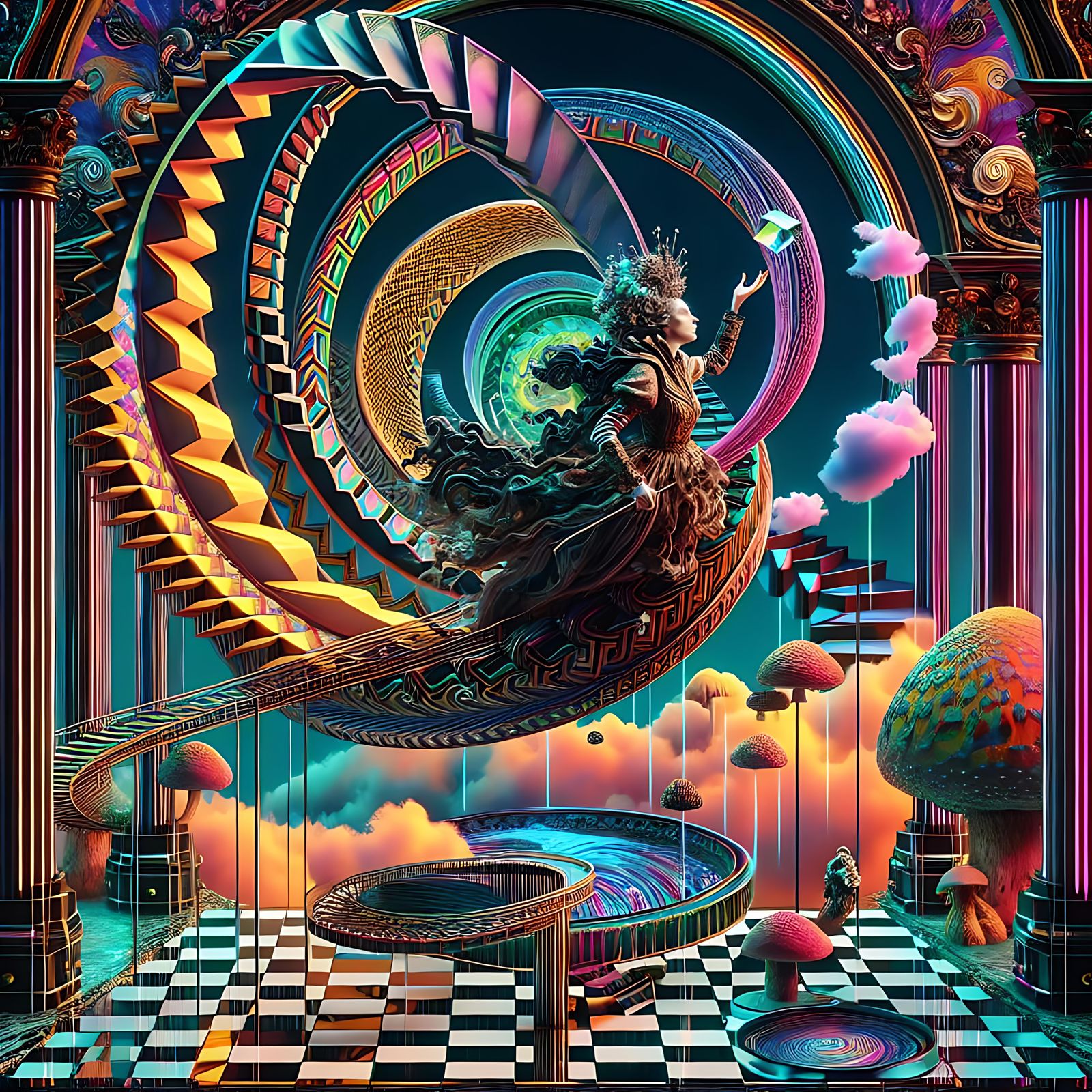 Victorian Rococo Goddess in High-Tech Neon Dreamscape