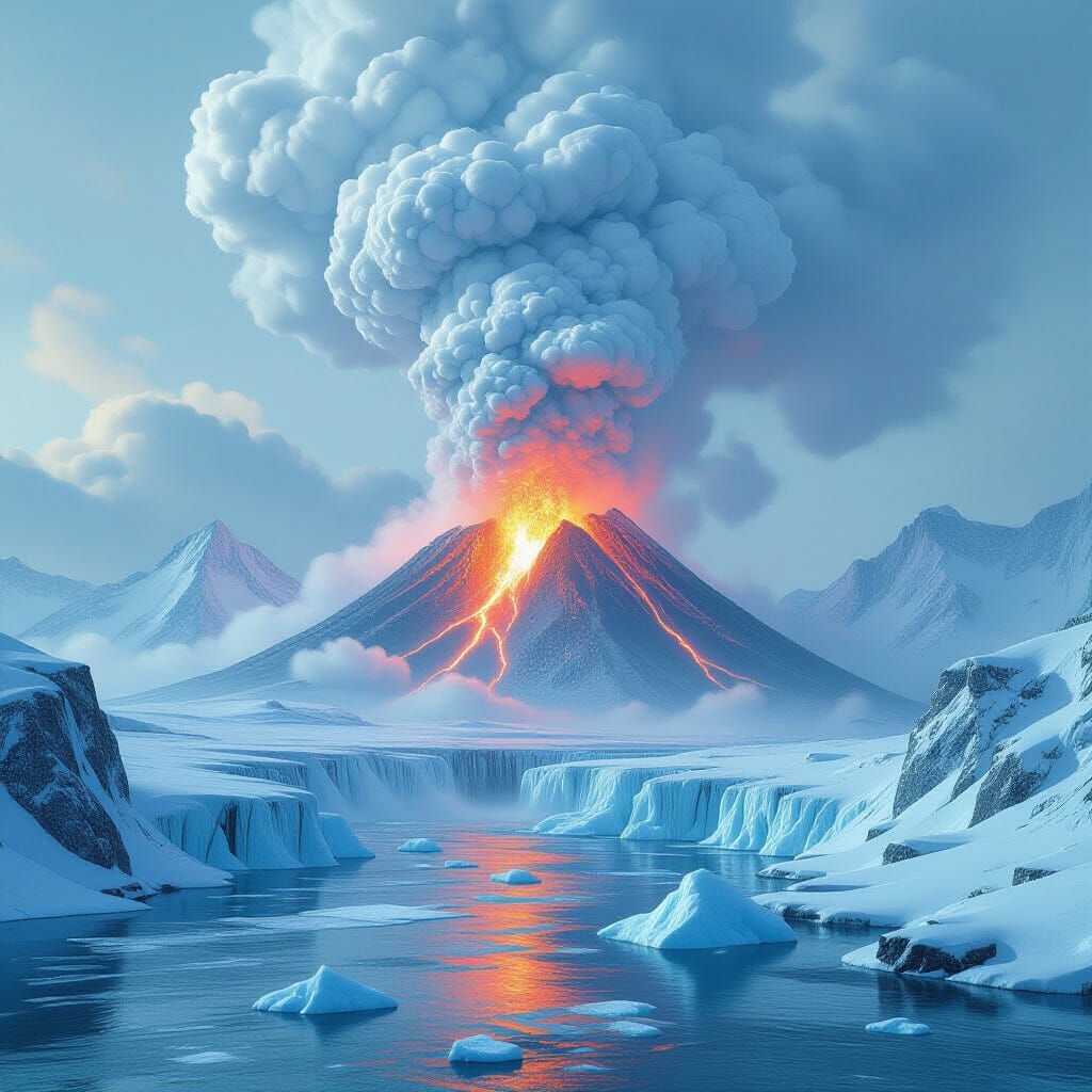 Volcano Waterfall Erupts Cold Smoke Amidst Icebergs