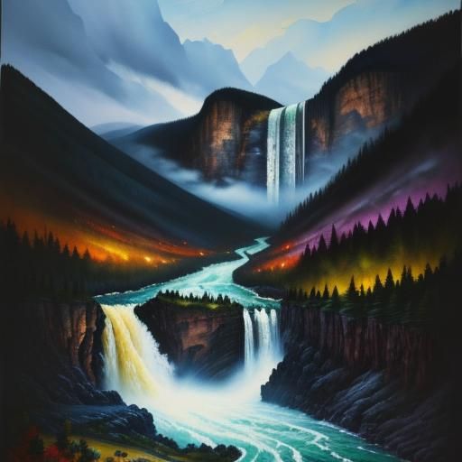 at night dramatic mountain landscape with a raging river and...