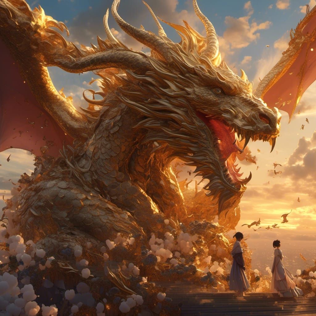 Faces and Dragons in Golden Sunset Clouds