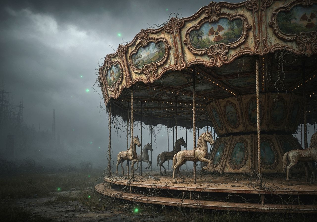 Abandoned Carousel in Nuclear Zone Oil Painting