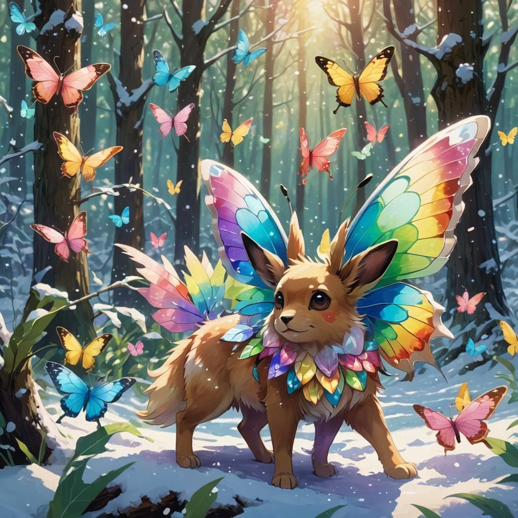Rainbow Butterfly Eevee in Snowy Forest