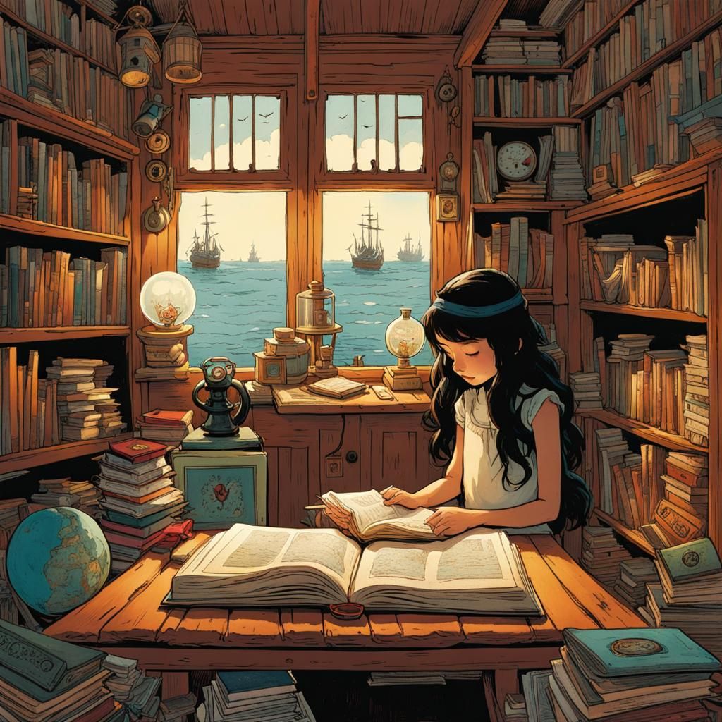 Charlotte Reading a Book of Boats