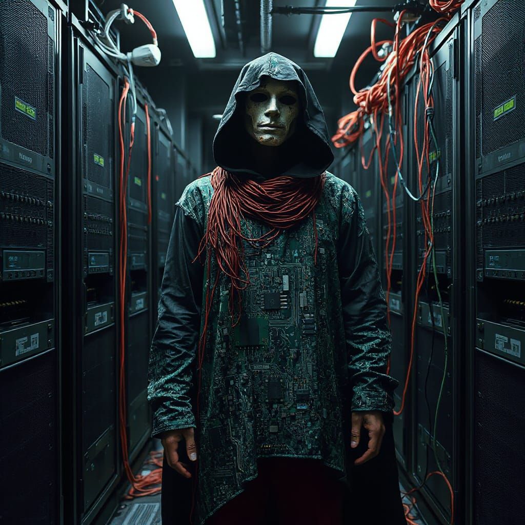 Gothic Data Center Figure in Circuit Board Cloak