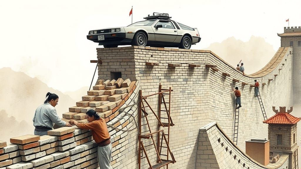Great Wall Construction with Delorean, Watercolor Style