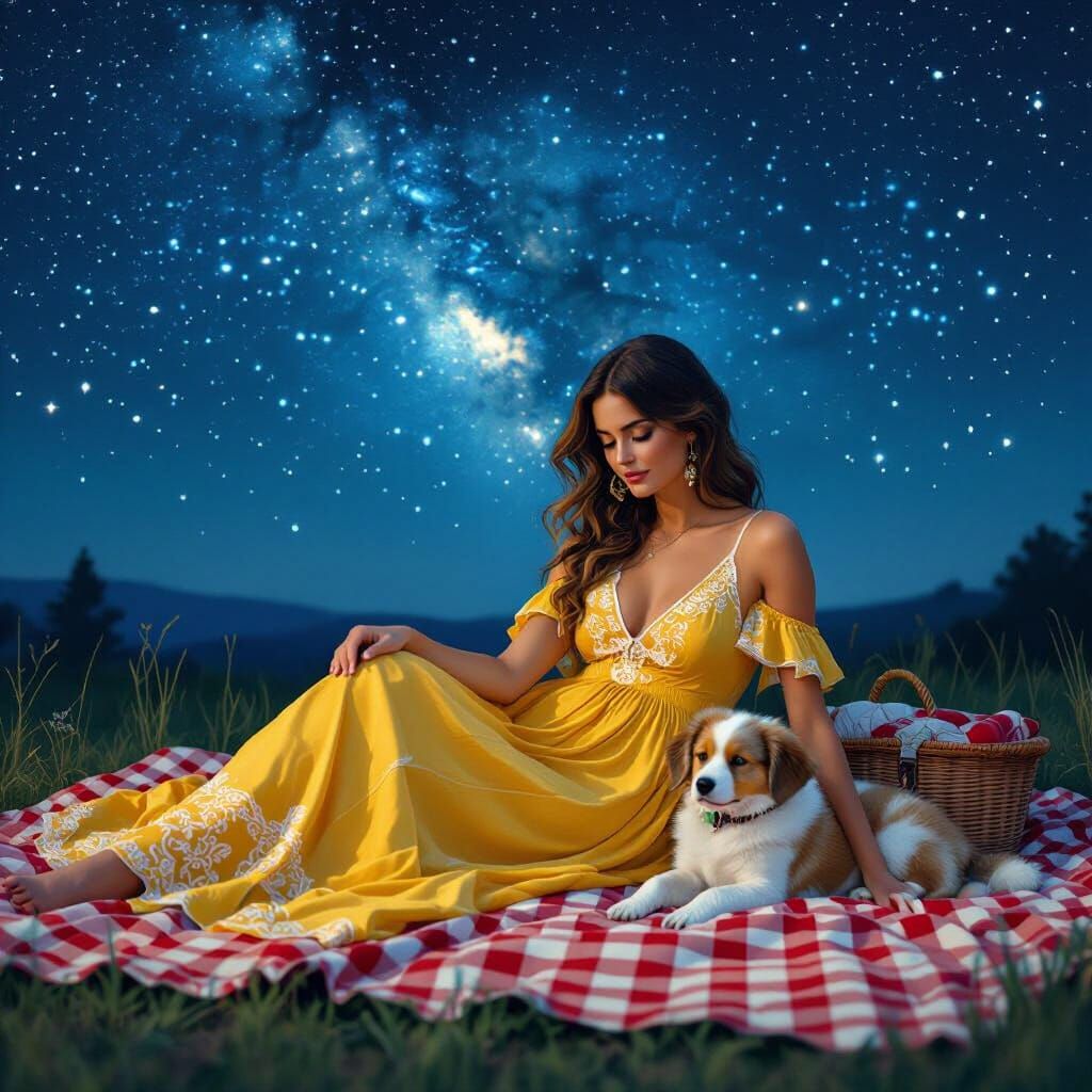 Dreamy Starry Night Picnic with Puppy
