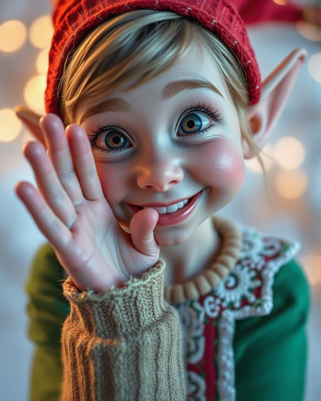 Cute Elf Reaches Out in Photorealistic Xmas Portrait
