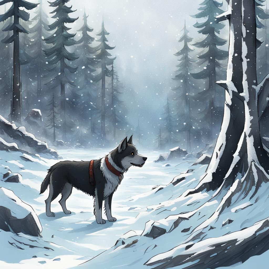 White Wolf Meets Black Stallion in Winter Forest