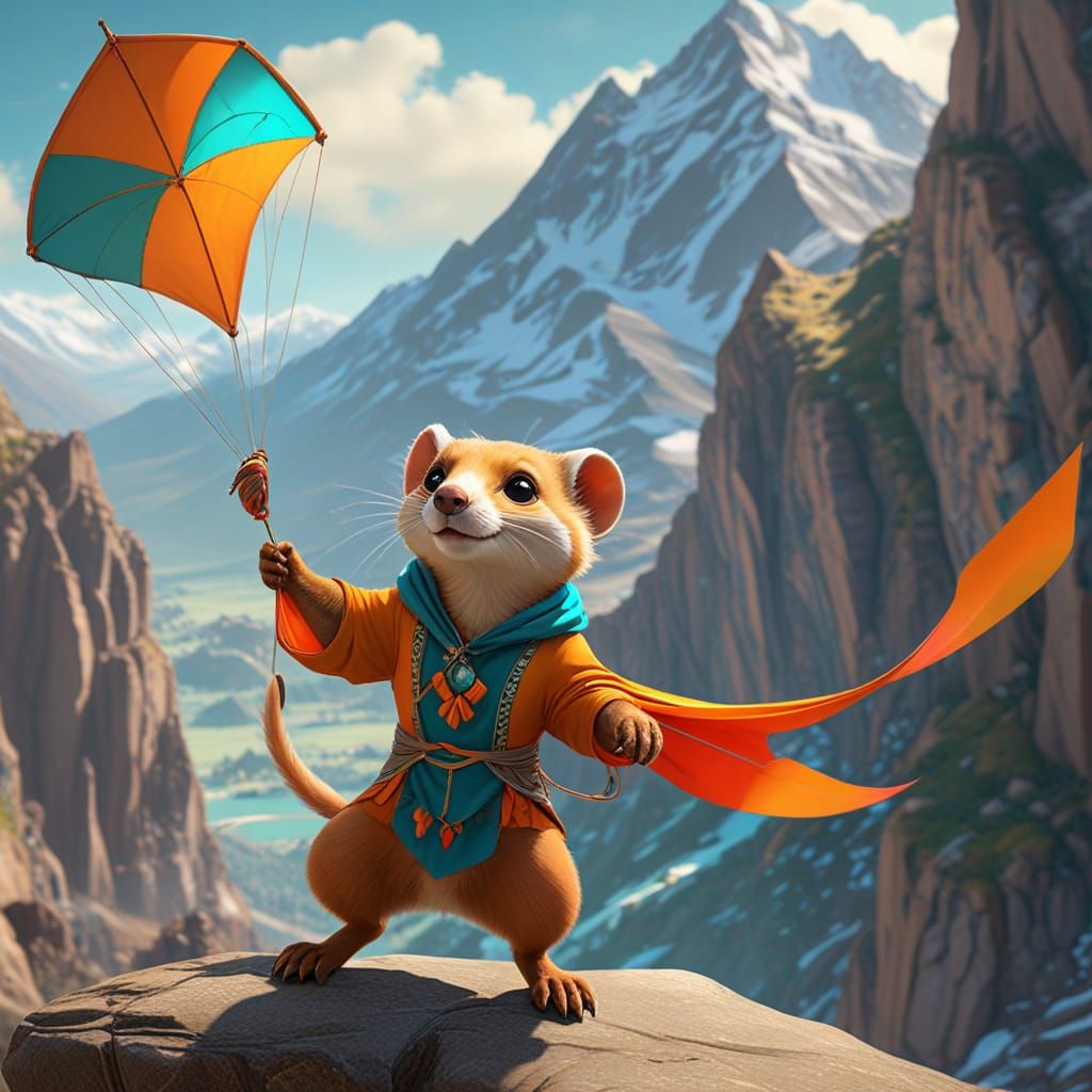 Anthropomorphic Weasel Flies Kite, Hyperdetailed Art
