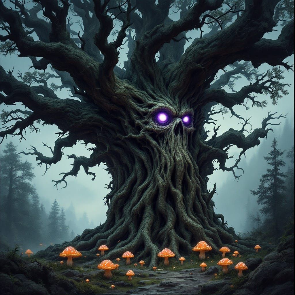 Ancient Tree with Glowing Purple Eyes in Misty Forest