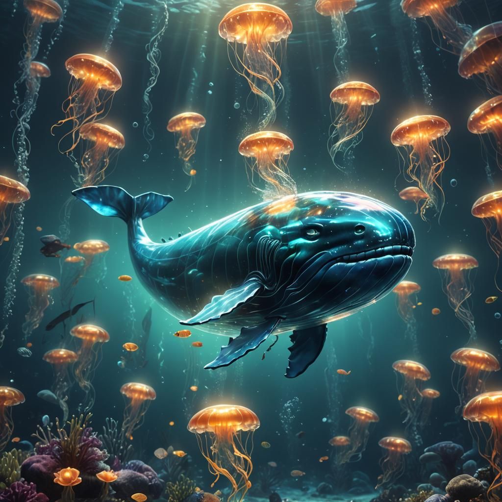 Glowing Glass Whale in Ocean, Detailed Digital Painting