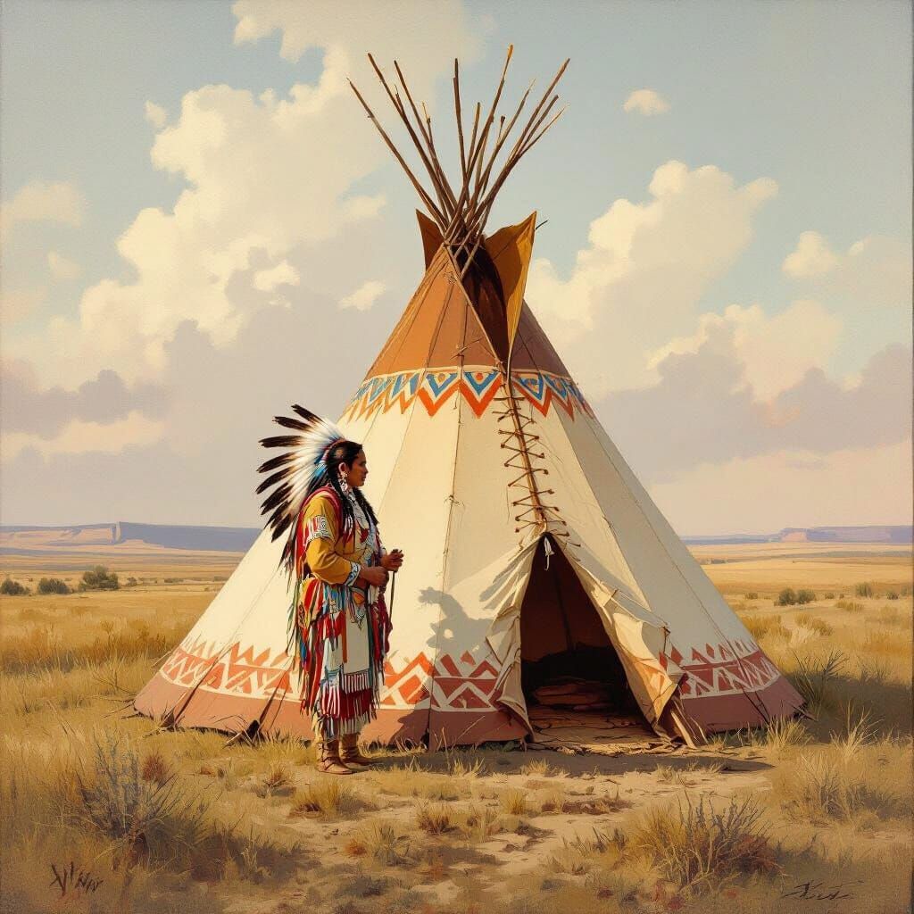 Native American Teepee Oil Painting on Open Plains