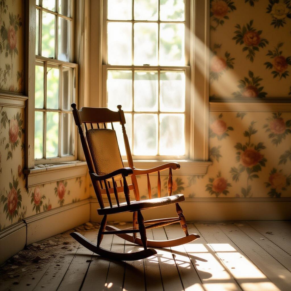 Sunbeam's Embrace: Antique Rocking Chair in Forgotten Parlor