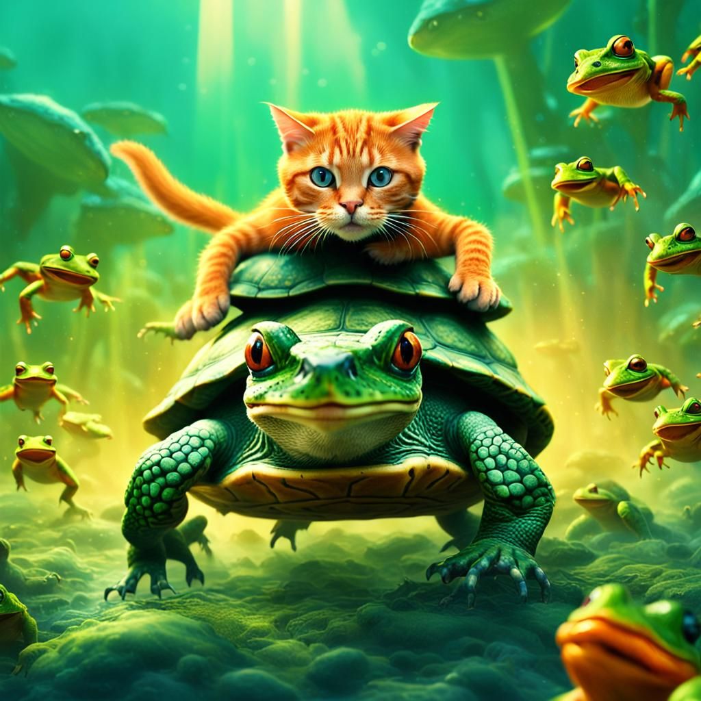 Orange Cat Leads Turtle Army into Frog Battle