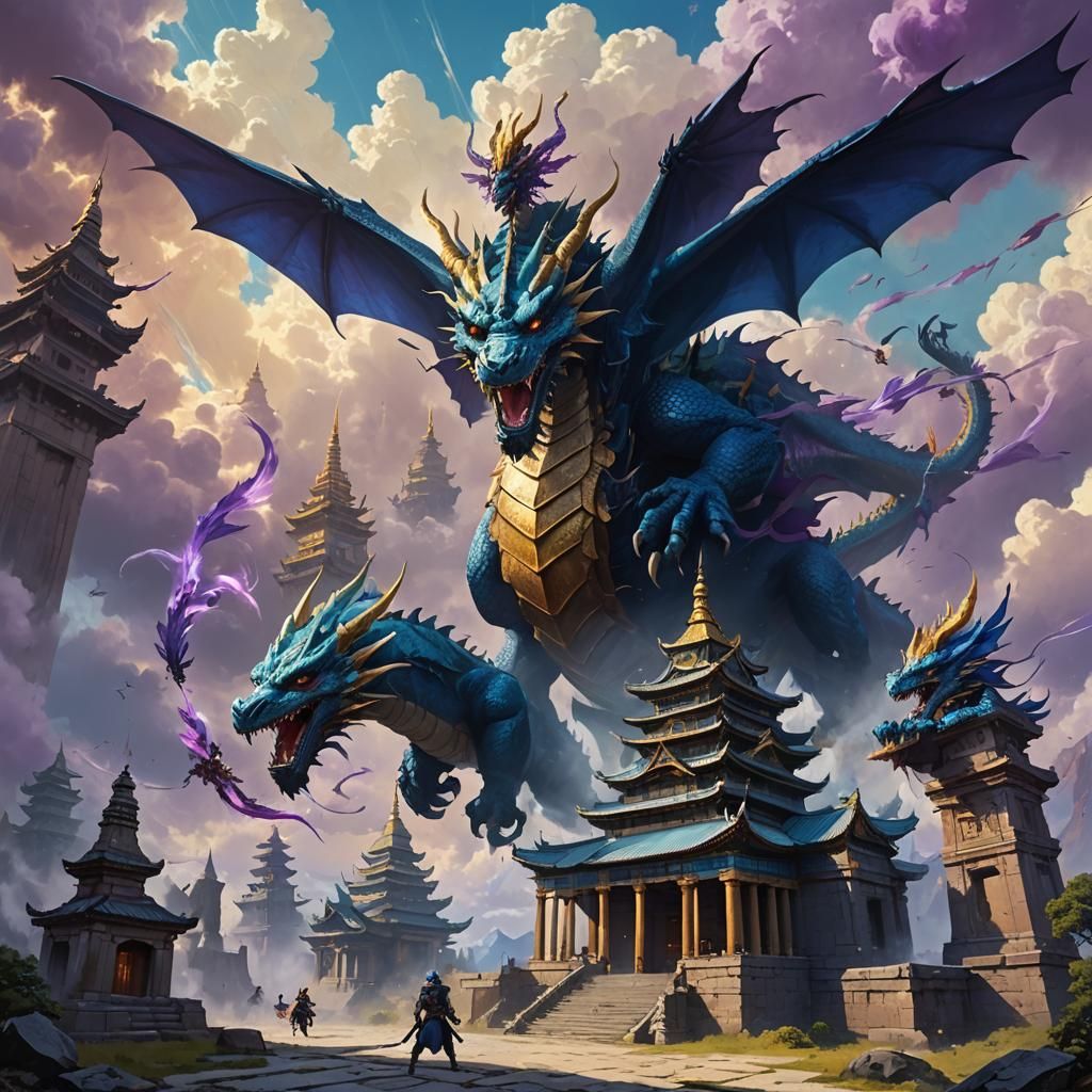 Dragons Clash Above Ancient Temple, Fantasy Art