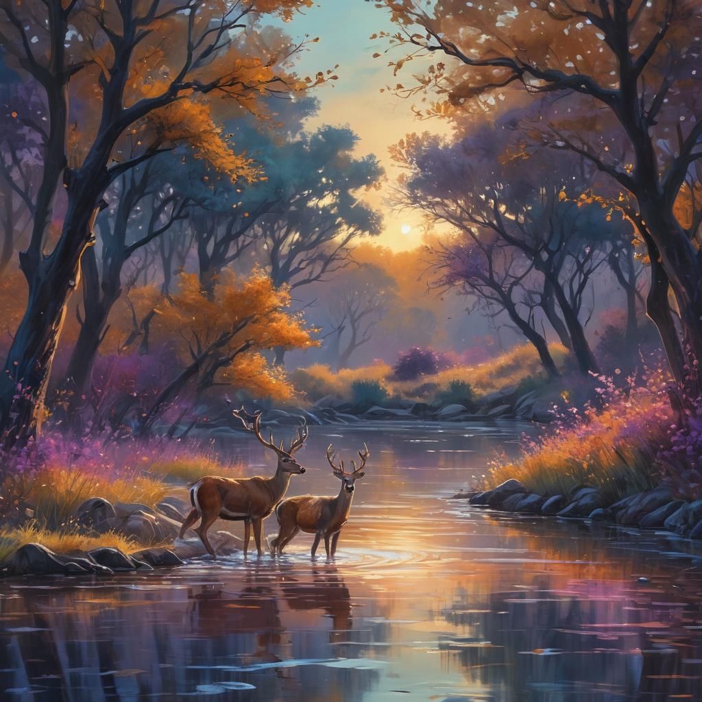 Deer in River at Dusk: Vibrant Oil Painting