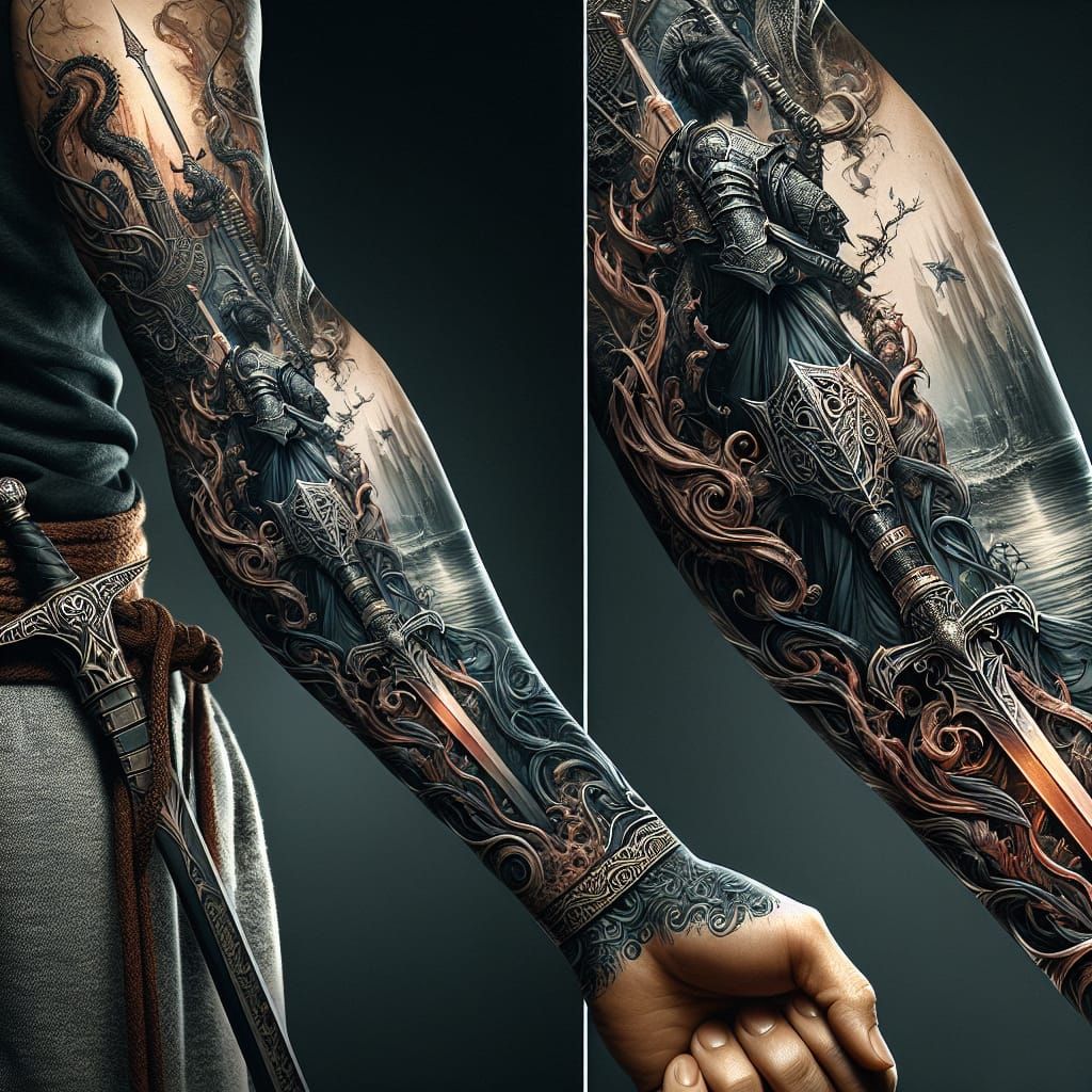 Fantasy Tattoo Art: Swords, Armor, Shields on Forearm
