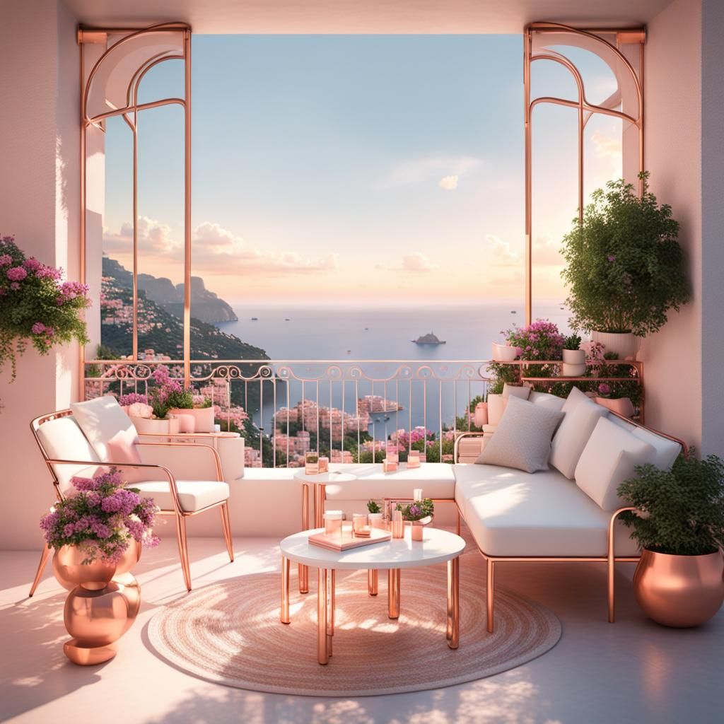 Modern Terrace with Rose Gold Furniture, 3D Render