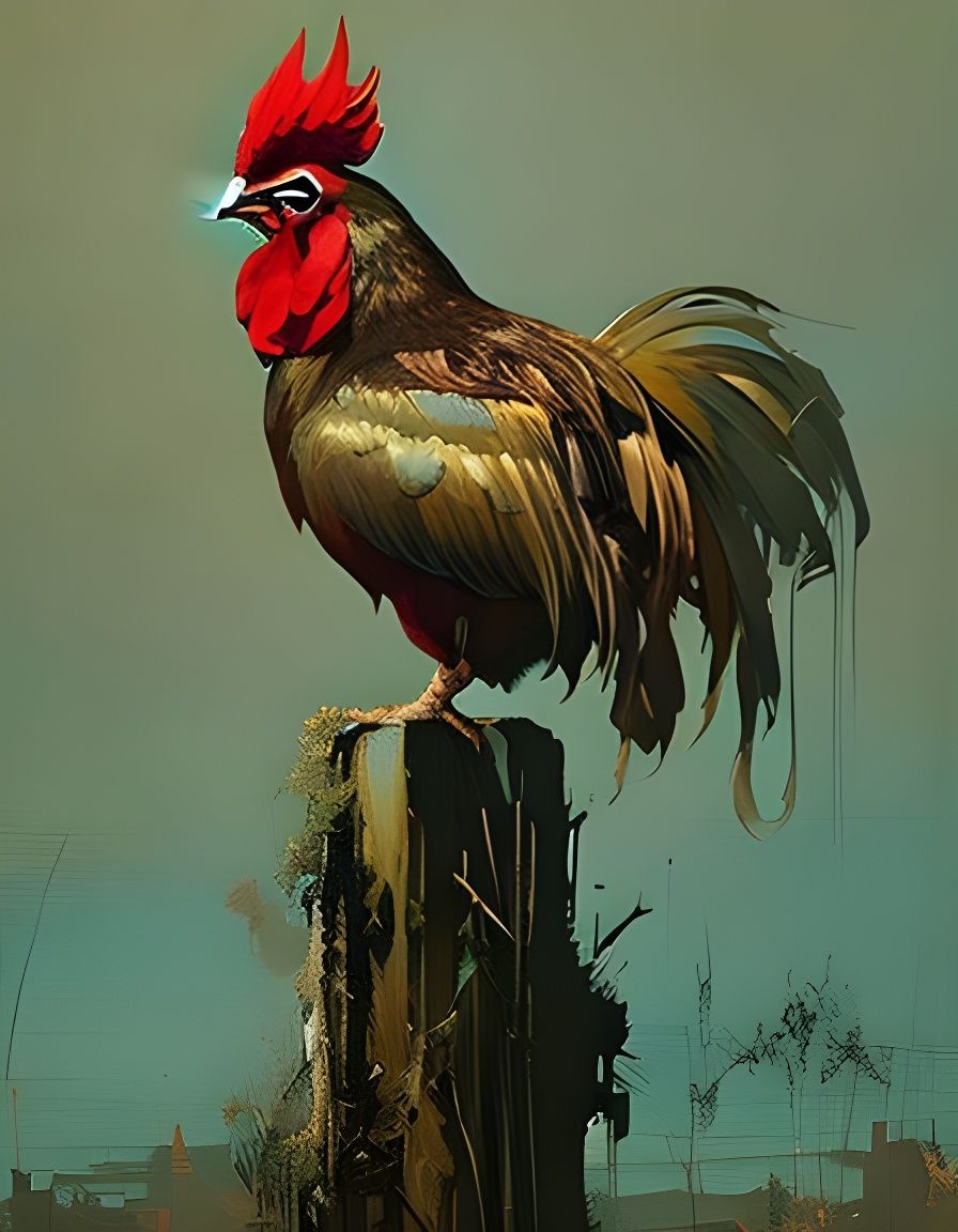Rooster Portrait on Fence Post: Oil Painting