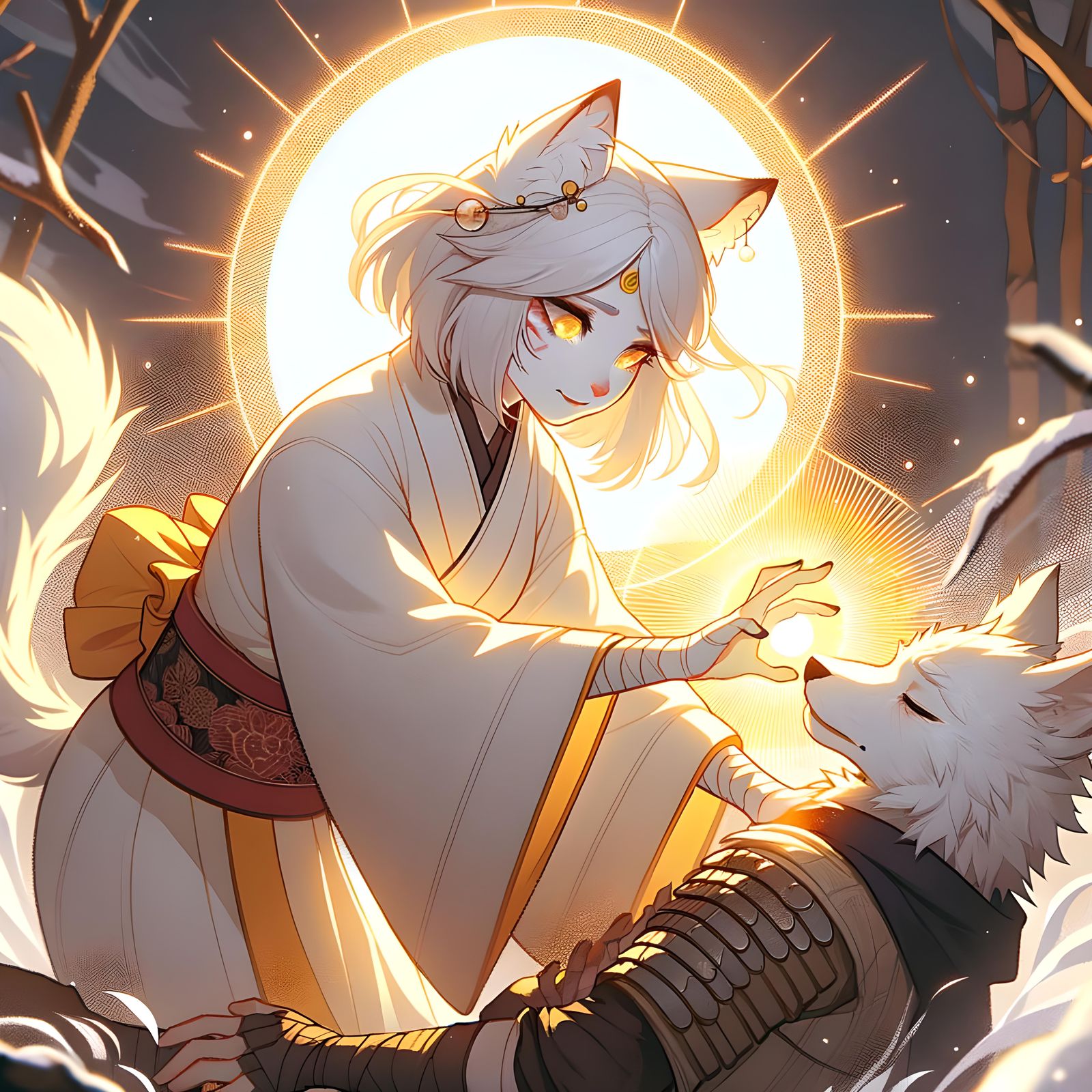 Anime Cleric Cat Heals Wolf Fighter