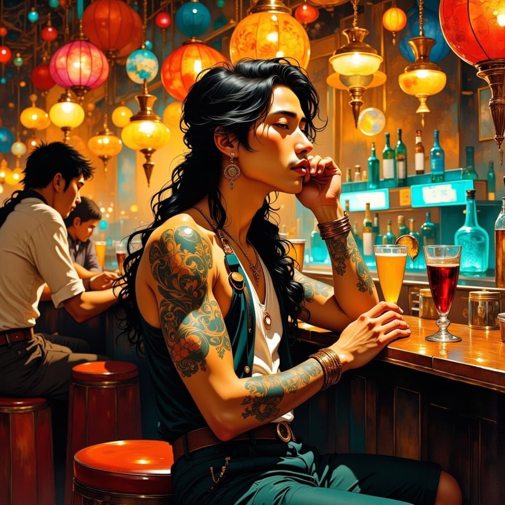 Golden Hour Bar Scene with Vibrant Filipino Rapper