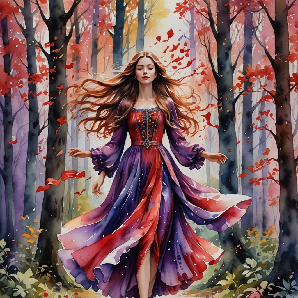 Woman in Forest: Vibrant Watercolor Painting