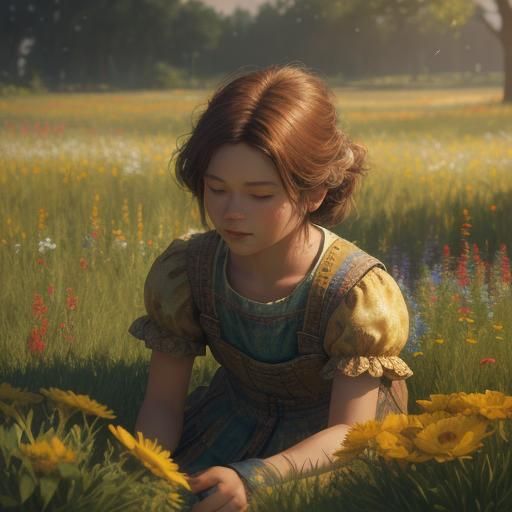 Child Playing in Meadow as Oil Painting