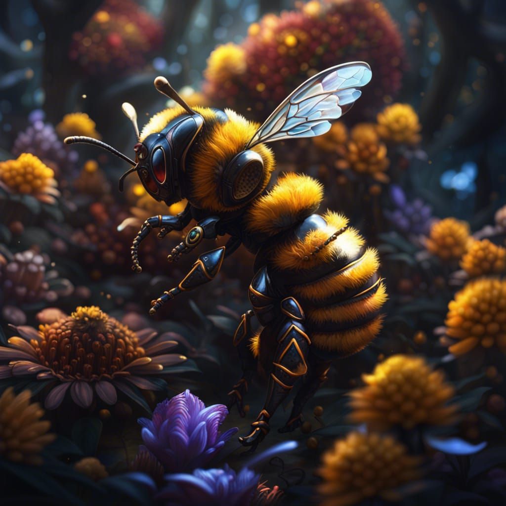 Steampunk Bee Pollinating Flowers, Detailed Fantasy Art