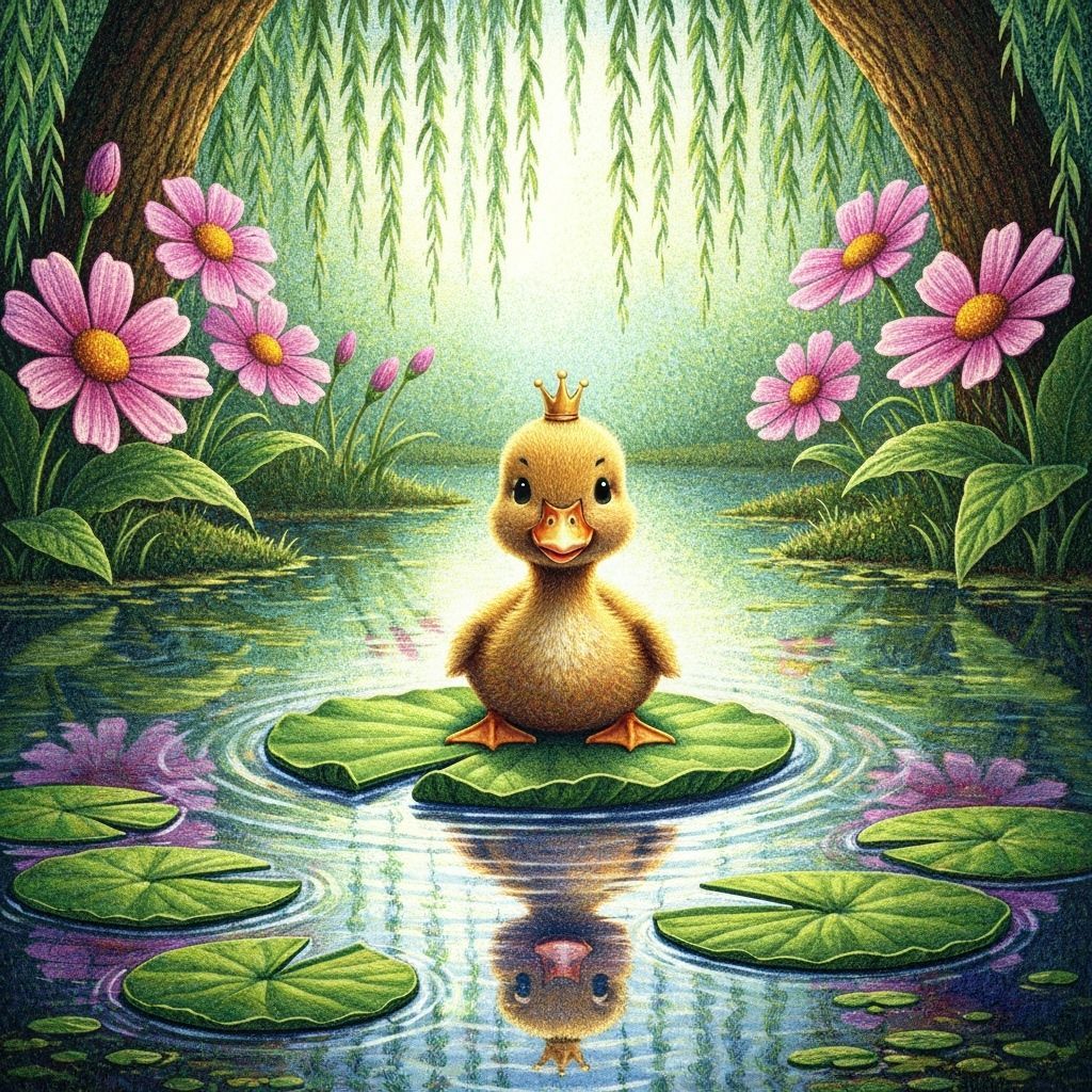 Whimsical Duckling in Crown on Lily Pad Pond