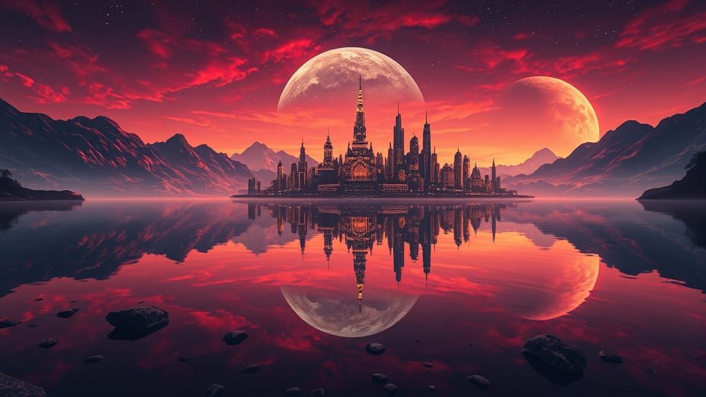 Serene Exoplanet Lake Reflecting a Lost City