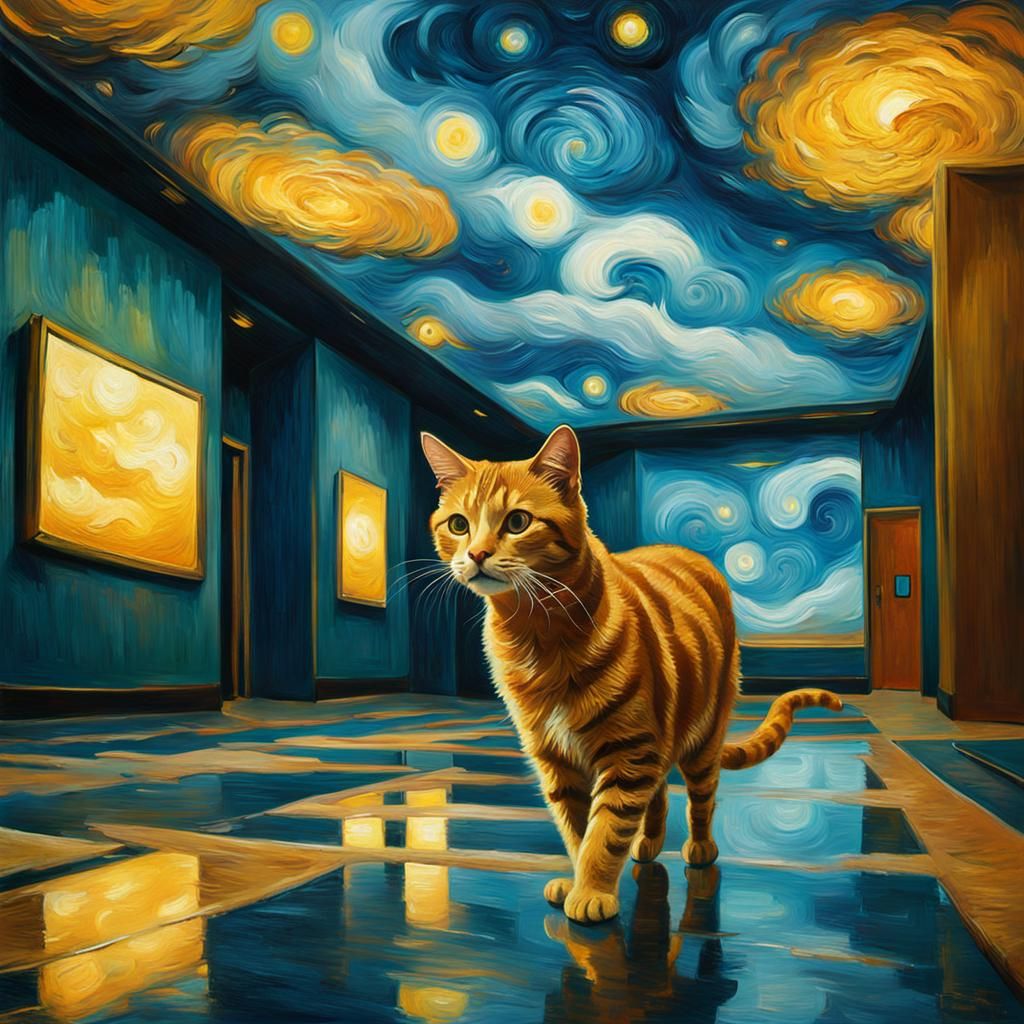 Cat in Space Hotel: Van Gogh Style Oil Painting