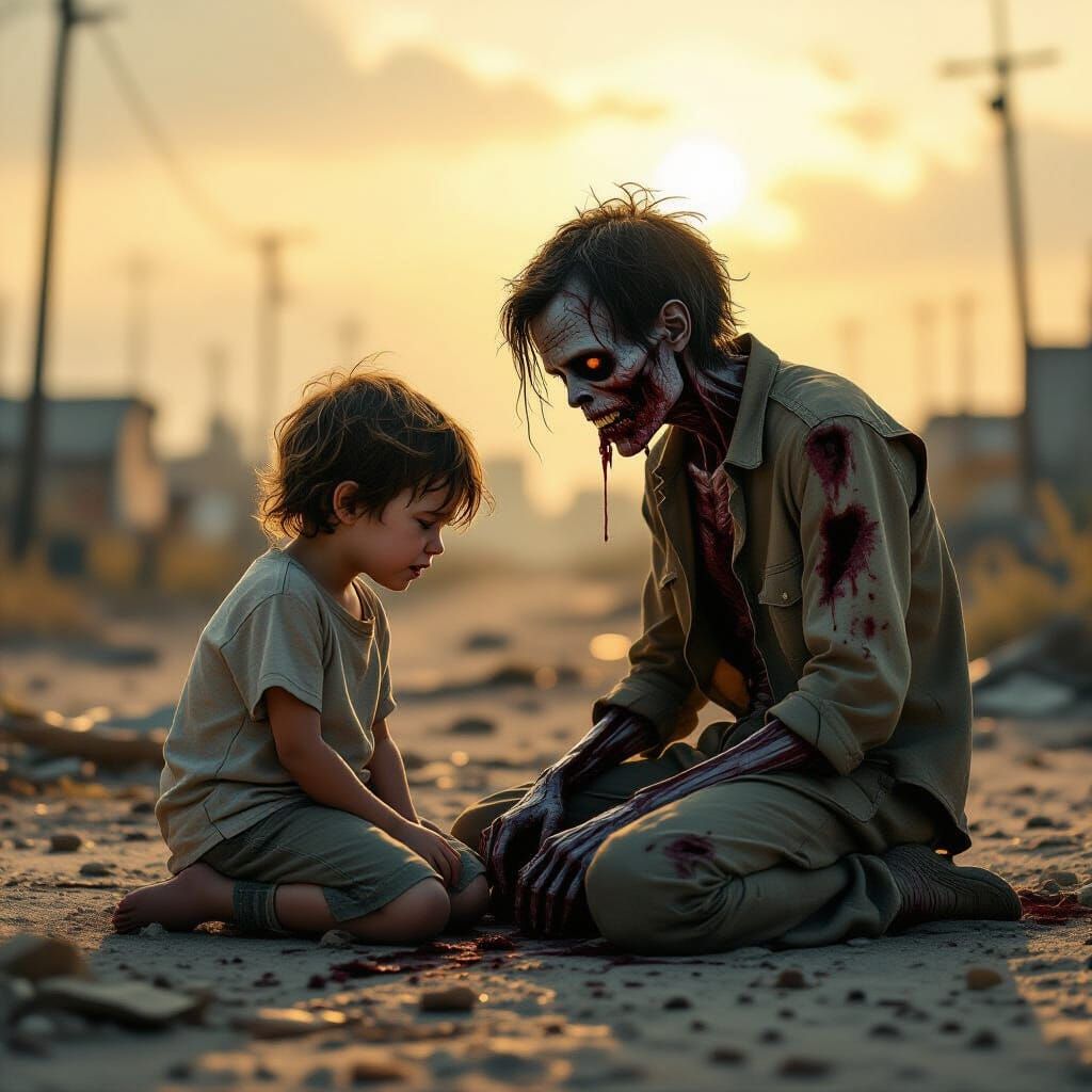 Child's Grief in Post-Apocalyptic Desolation