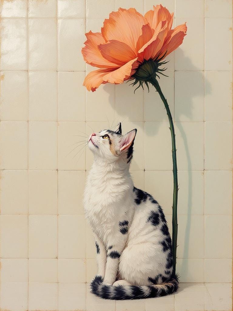 Cat Under Flower as Impasto Painting