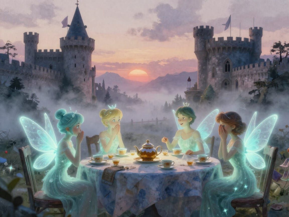 Fairies Gossiping at Tea Between Castles in Watercolor